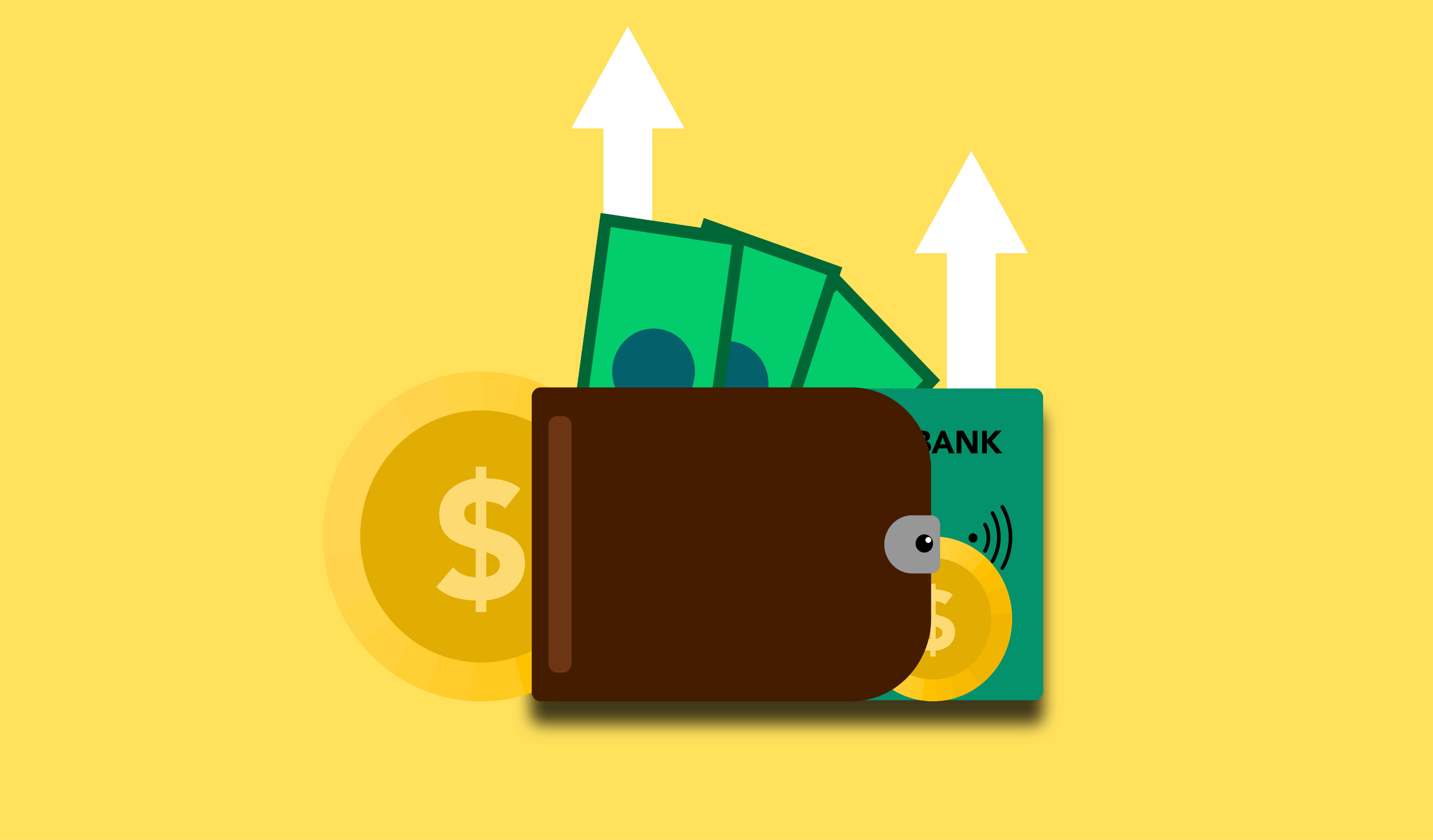 Graphic of wallet with money and arrows 